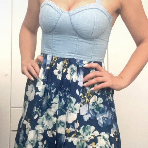 Floral Blue Dress With Denim Bust Like New, Size S