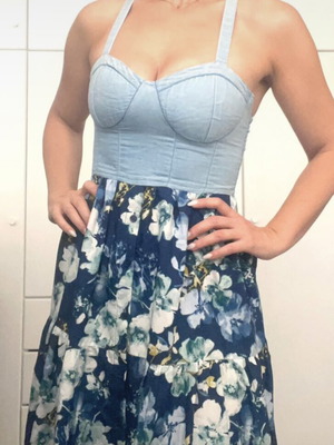 Floral Blue Dress With Denim Bust Like New, Size S
