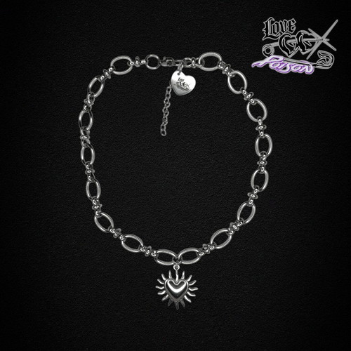 Love X Poison Stainless Steel Silver Chain Choker Necklace with Sunburst Heart Charm new handmade