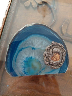 Table decoration made of solid blue onyx new with silver icon of Virgin Mary