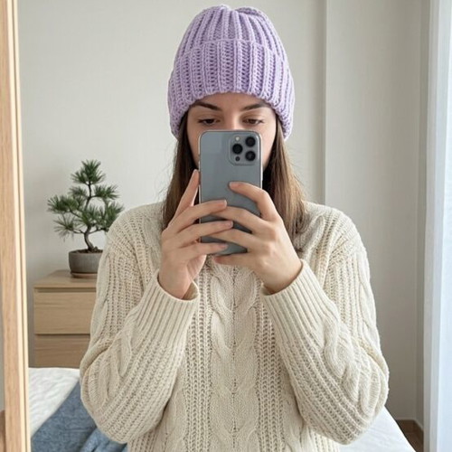 Knitted women's hat like new, purple, elastic fit