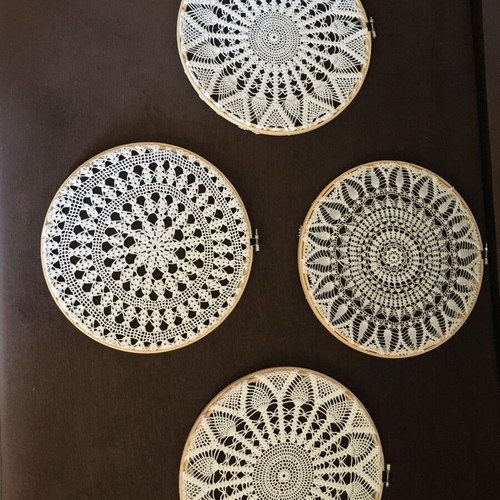 Handmade crochet wall decor on wooden hoops like new, set of 3