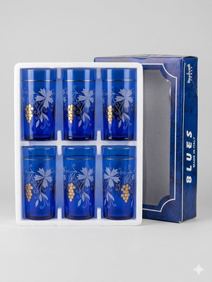 Vintage glass cups new, blue with gold details, pack of 6