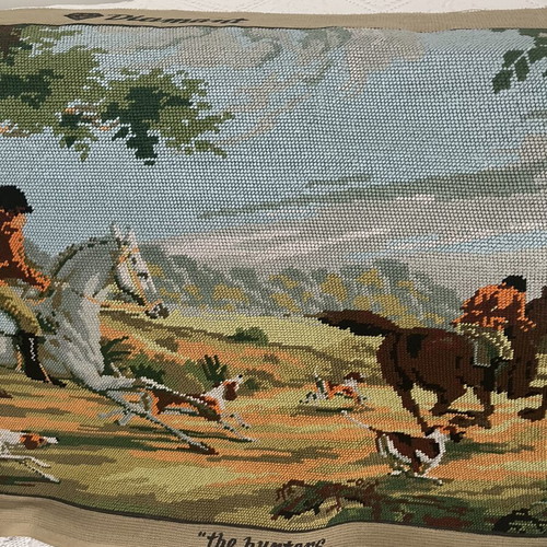 Handmade embroidered textile painting with classic hunting scene