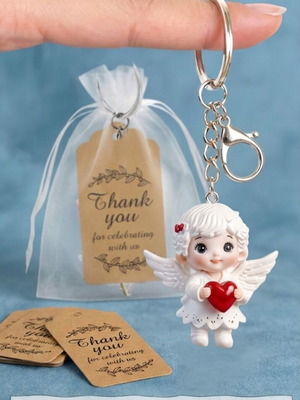 Acrylic angel keychain with heart, handmade gift pouch and card