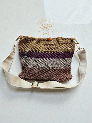 Handmade knitted shoulder bag new in beige and brown tones