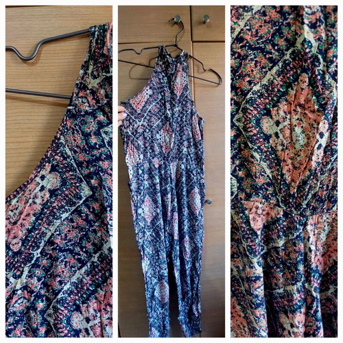 Boho Printed Mock Neck Cutout Jumpsuit like new, blue and salmon