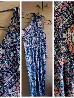 Boho Printed Mock Neck Cutout Jumpsuit like new, blue and salmon