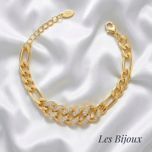 Figaro & Curb Chain Bracelet with Rhinestones new, gold stainless steel