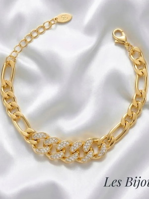 Figaro & Curb Chain Bracelet with Rhinestones new, gold stainless steel