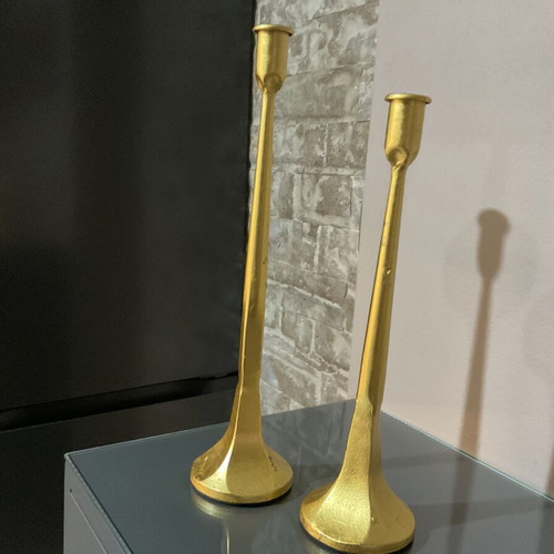 Set of two brass candlesticks with 24k gold leaf