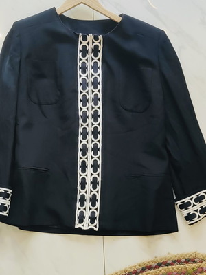Santandrea Couture vintage σακάκι χωρίς γιακά σε μαύρο με λευκό κέντημα, XL