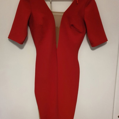 Coocu fitted red dress with sleeves and sheer details like new
