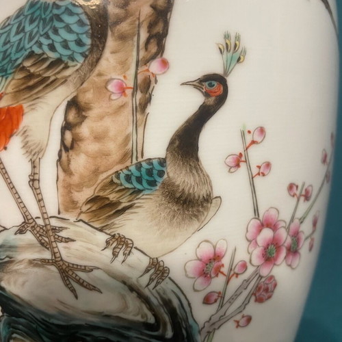 Chinese Famille Rose vase like new, 20th century with peacock and peony branch