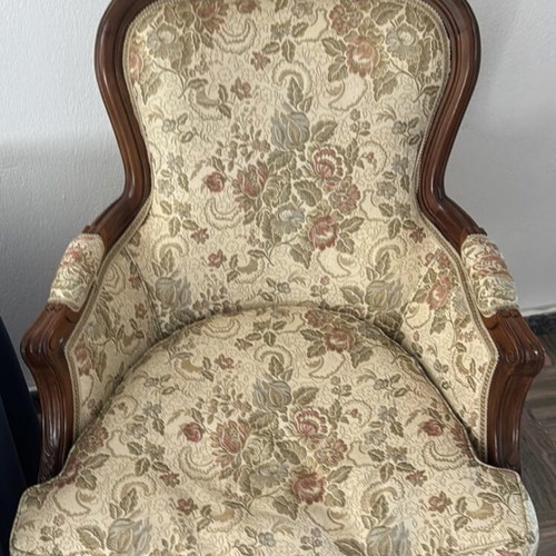 Wooden armchair with brocade fabric by Laurie Astley