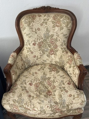 Wooden armchair with brocade fabric by Laurie Astley
