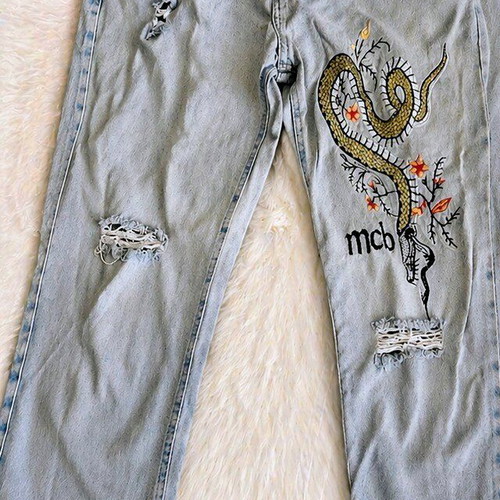 Vintage Y2K baggy jeans with dragon embroidery like new, blue
