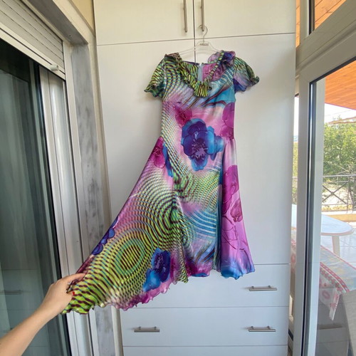 Vintage Y2K long satin dress like new, handmade, multicolor blue