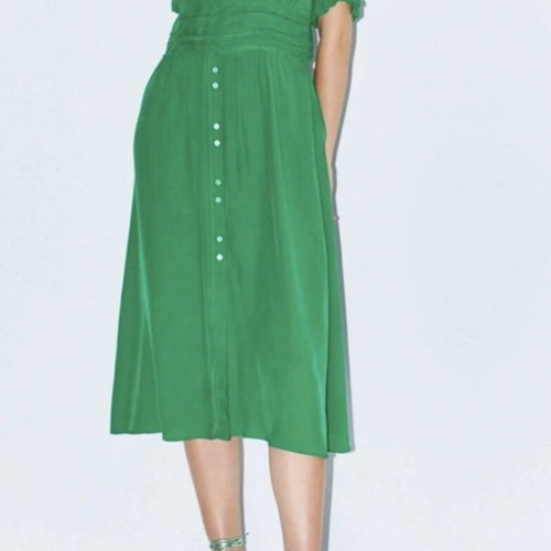 Zara dress new, green viscose midi with buttons and elastic sleeves