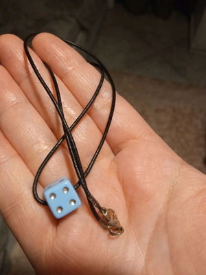Necklace with blue dice pendant used, black and turquoise