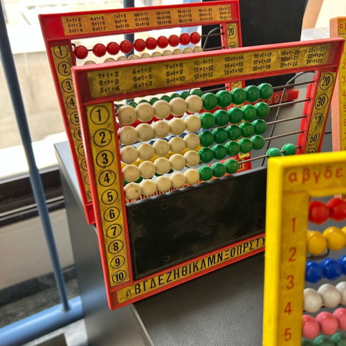 Vintage toys used, 1970s abacus counters, plastic phone