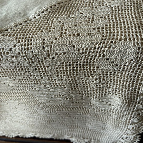Vintage Handmade Tablecloth with Crochet Lace in Cream