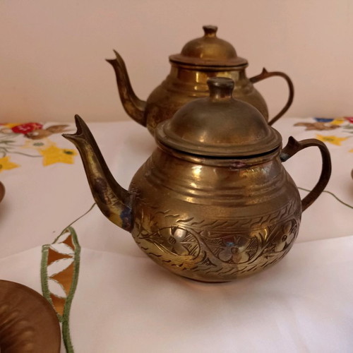 Vintage Turkish tea set with brass details and glass cups new