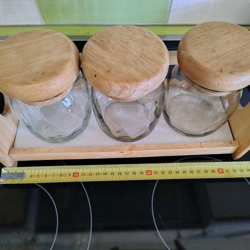 Set of 3 glass containers with wooden lid and base like new