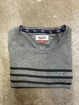 Tommy Hilfiger sweater XL, grey black striped, Y2K preppy style