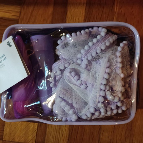 Transparent toiletry bag new, purple travel set with bottles