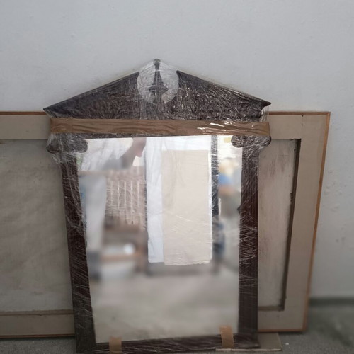 Handmade woodcarved mirror with ornate dark walnut frame, like new