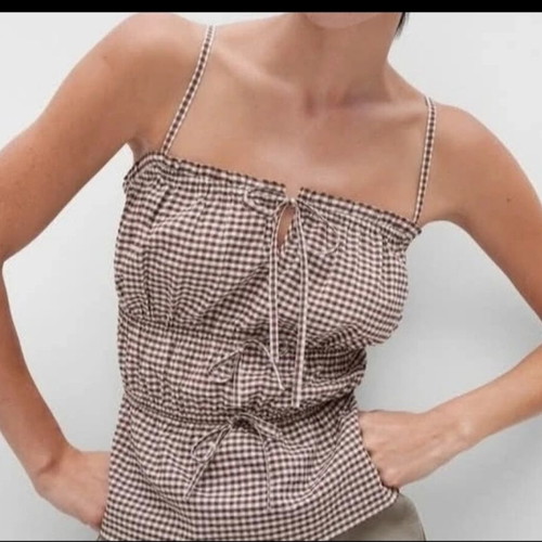 Marks & Spencer summer blouse with straps and smocking, like new, brown white check