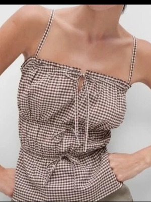 Marks & Spencer summer blouse with straps and smocking, like new, brown white check