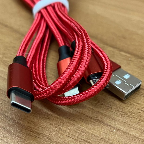 3-in-1 charging cable new, red, USB-C, Micro USB, Lightning