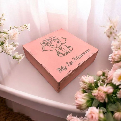 Wooden memory box for newborn with elephant theme made to order