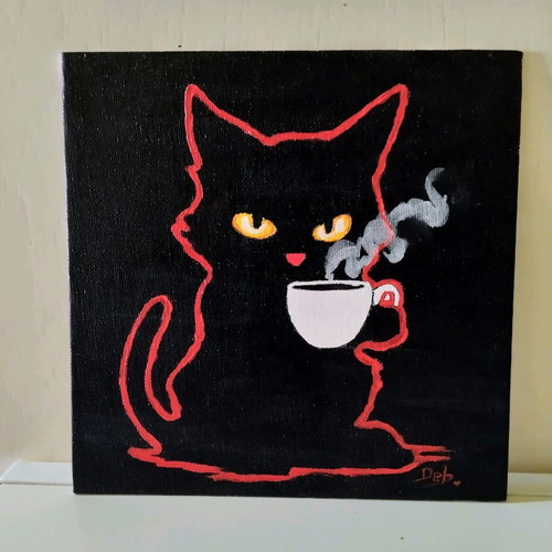 Cat motif canvas painting new with acrylics 20×20 cm