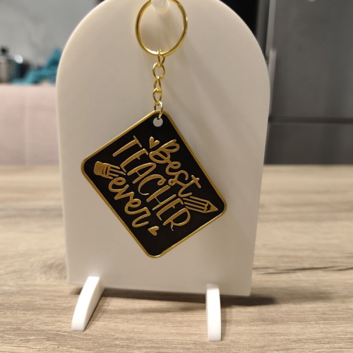 Handmade Keychain Best Teacher Ever Black Gold 3D