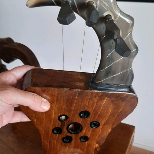 African string instrument used, made of animal horn and wood