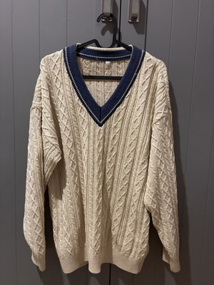 Men's preppy-varsity style V-neck sweater Large, like new, beige and blue