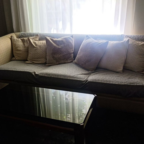 Living room set used, beige three-seater sofa, two-seater, coffee tables