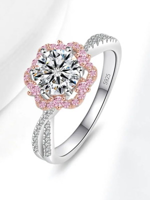 Silver S925 ring with Moissanite and pink halo