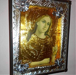 Παλιά ''Τρισδιάστατη'' Εικόνα Αγίας Βαρβάρας, Ξύλινη Κορνίζα / Μεταλλικό Πλαίσιο, Διάσταση 23Χ28 cm.