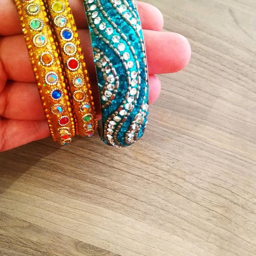 Ethnic bracelets used, set of 3, gold and green colors
