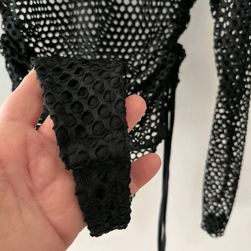 Fishnet bodysuit new, black, long-sleeve with adjustable laces