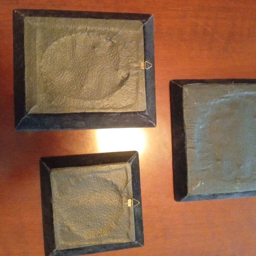 Set of 3 embroidered textile paintings in velvet frames