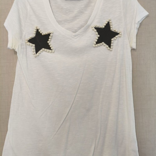 Nooboss Collection white T-shirt with stars and pearls used, size M/L