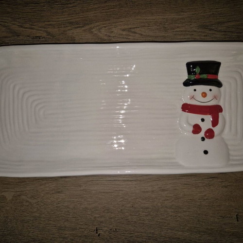 Christmas ceramic platter white with snowman like new