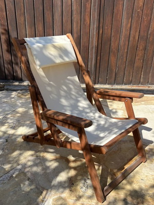 Wooden deck chairs, set of 2, white cream fabric