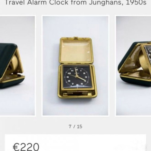 Junghans travel alarm clock like new, brass and leather