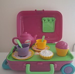Toy Kitchen Set like new with tea set luggage and utensils